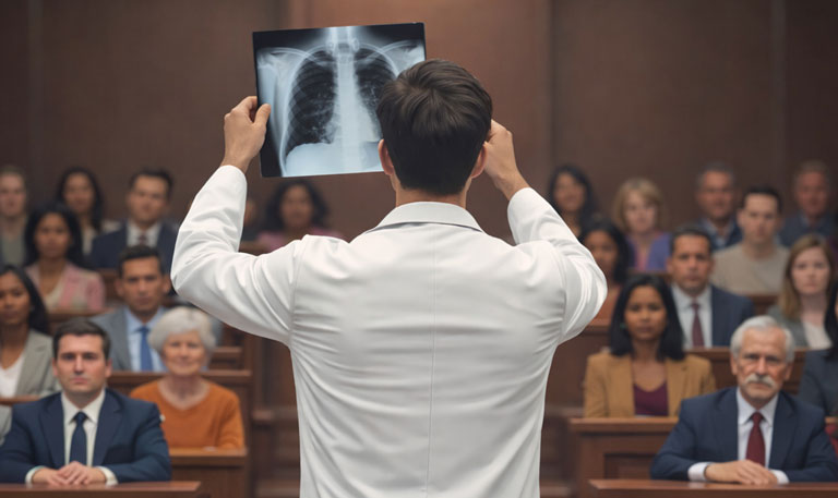 Clinician presenting lung X-ray to a large group in wood-paneled room