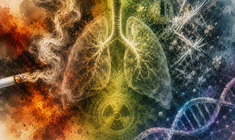 Artistic depiction of various causes of lung cancer, including smoking, radon, and genetics
