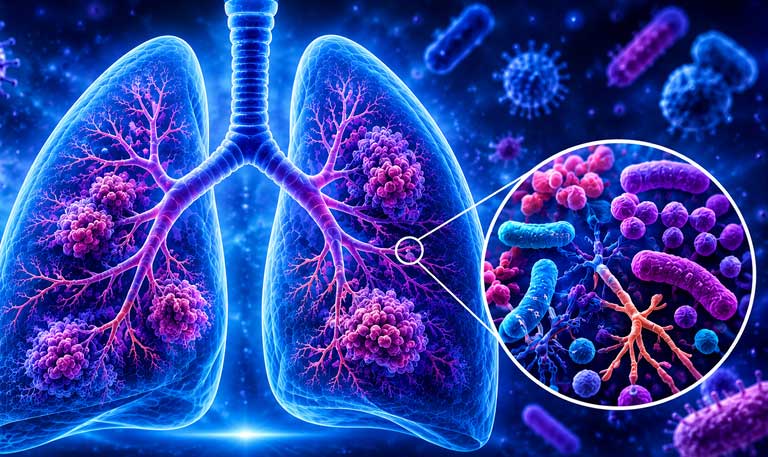Human lungs with a magnified view of the lung microbiome, showing colorful microorganisms within the respiratory system