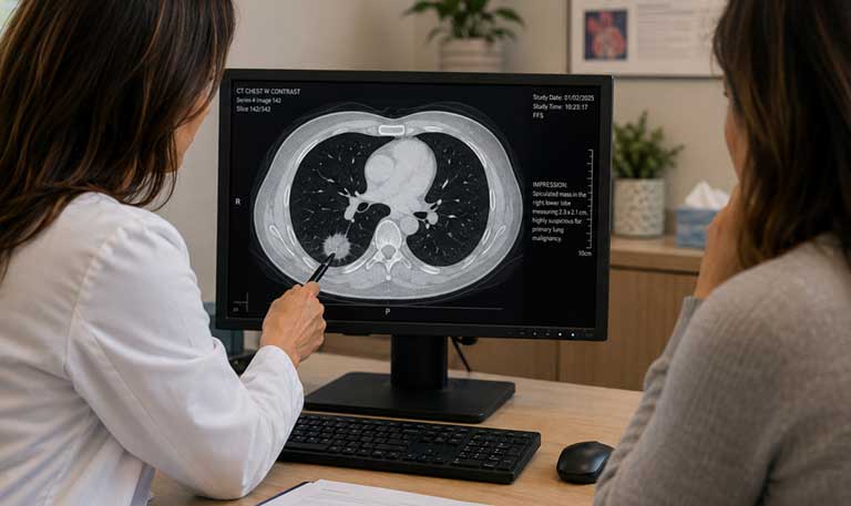 Clinician and patient review lung scans on a computer screen.