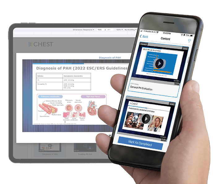 CHEST Curriculum Pathway for Pulmonary Hypertension displayed on a tablet and phone screen